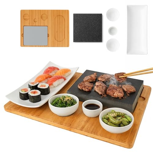 CAWI Lavastein Steakbrett, Servierplatte, Bambusbrett mit Hot Stone Grill, Steak Grillplatte, Steinplatte, Tischgrill Grill Set