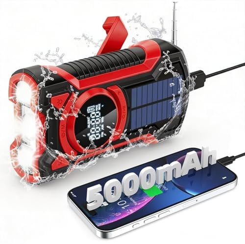 Gemmac Tragbares Radio AM/FM Support USB & Solar & Kurbel Charging 5000mAh Wiederaufladbare Powerbank mit Bluetooth-Lautsprecher SOS-Alarm Taschenlampe für Zuhause/Outdoor/Camping/Notfall
