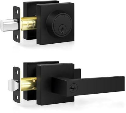 Estmoon Door Locks for Front Door, Matte Black Exterior Door Handle and Single Cylinder Deadbolt Lock, Heavy Duty Modern Square Front Door Handle and Deadbolt Set, Commercial Locks for Doors, 1 Pack