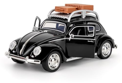 imtfzct 1:32 VW Käfer Spielzeugauto Druckguss mit Sound Licht Pull-Back, abnehmbarem Dachträger, öffnende Türen Retro Oldtimer Modell für Kinder ab 3 & Sammler schwarz