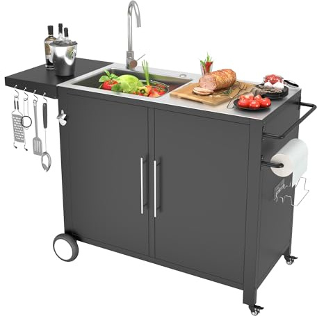 JFHID Évier de cuisine extérieur avec raccord de tuyau, table de préparation en acier inoxydable, îlot de cuisine, support de four à pizza roulant, table de barbecue pour jardin, arrière-cour et