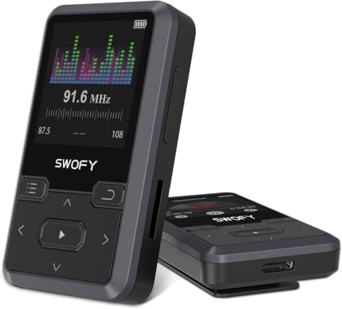 SWOFY Lecteur MP3 Bluetooth 5.0 avec clip de sport, mini lecteur de musique portable de 32 Go avec écouteurs, radio FM, podomètre, enregistrement vocal, prend en charge une carte SD jusqu'à 128 Go