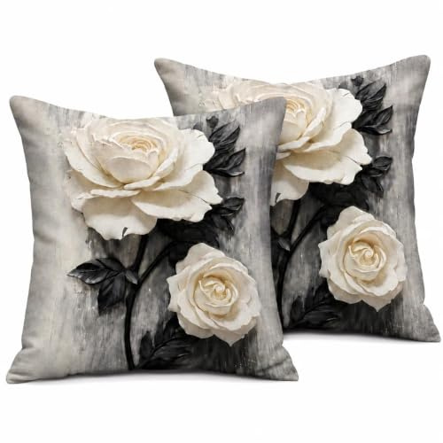 Gemdoit Kissenbezug 40x40 cm, 2er Set, Weiße Rosen, Weich und Atmungsaktiv | für Sofa Wohnzimmer Balkon Garten Zierkissen