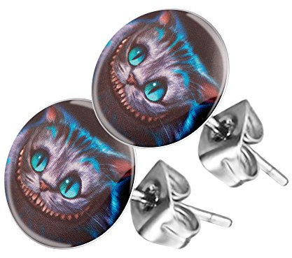 Piersando Ohrstecker Ohrringe Runde Kleine Stecker für Damen oder Kinder Silber mit Grinsekatze Motiv