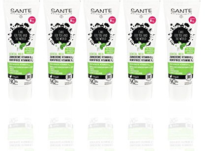 SANTE Zahncreme Vitamin B12 (5 x 75 ml), Salbei und Limone Geschmack, Bio Zahnpasta, Vegan, Fluoridhaltig, Naturkosmetik