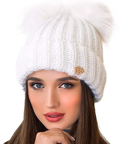 niceacsrise Braxton Beanie für Damen, 2 Bommeln, Zopfmuster, warme Fleece-Mütze, Wolle, Schnee-Manschette, Skimütze, Weiss/opulenter Garten, Einheitsgröße