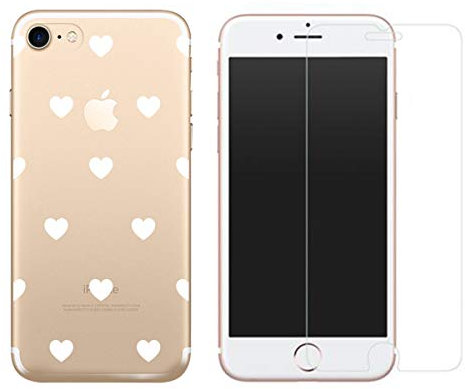 NOVAGO Compatible avec iPhone SE 2020, iPhone 8, iPhone 7 (4,7'') (Pack 2 en 1) Coque Gel transprente et Solide Anti Choc + 1 Film écran Verre trempé 0.26 mm résistant -Petits Coeurs 2