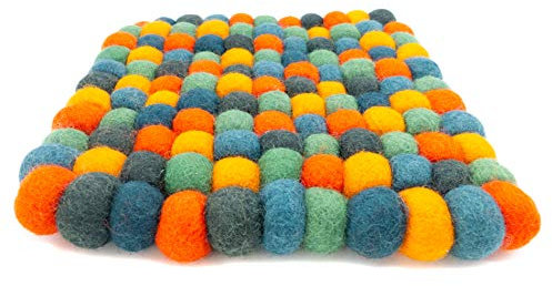 feelz Filzuntersetzer aus Filzkugeln eckig orange grün orangengarten 100% Filz (Wolle) Handarbeit Topfuntersetzer bunt quadratisch (15x15cm)