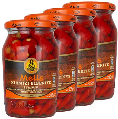 Melis - Kleine scharfe rote Peperoni eingelegt in Salz - Branntweinessiglake (scharf) - Türkische Delikatesse im 4er Set á 335 g Glas