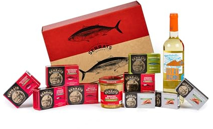CONSERVAS SERRATS - Caja Regalo - Cantábrico maridada con Txakoli -10 Conservas Gourmet y 1 botella - Bonito del Norte, Anchoas y Sardinillas - Elaboración Artesanal Vasca