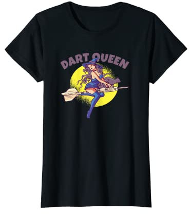 Damen Dart Queen Hexe mit Katze reitet auf einem Dartpfeil T-Shirt