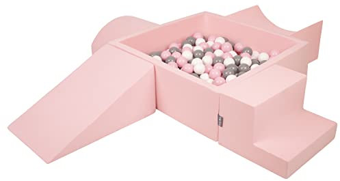 KiddyMoon Spielplatz Aus Schaumstoff Mit Quadrat Bällebad (200 Bälle) Ballgruben Für Babys Spielbad Hindernisläufen, Hergestellt In Der EU, Pink:Weiß/Grau/Puderrosa