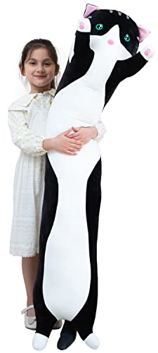 Giant Cat Pillow Plush Cartoon Kitty Sleeping Hugging Pillow, Cuddly Soft Long Kitten Body Pillow Doll Cat Cushion Toy for Kids Girlfriend (Black, 90cm/35.4inch)