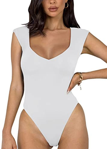 REORIA Women's Summer Sexy Casual V Neck Double Lined Seamless Sleeveless Slimming One Piece Leotards Going Out Trendy Tank Top Tees Thong Bodysuits White X-Large