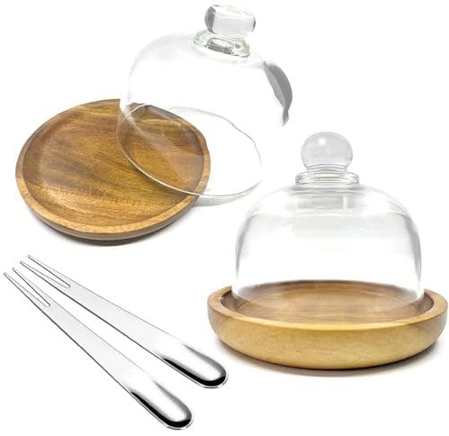 Ikerall Lot de 2 mini présentoirs à gâteaux avec base en bois avec dôme en verre, cloche en verre transparent pour dessert, fromage, bonbons, plantes grasses (10,4 x 9,4 cm)