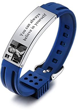 INBLUE Réglable en Acier Inoxydable Silicone Bracelet Personnalisé Personnalisé Sculpture Photo & Texte Bracelet Bijoux Cadeaux pour Hommes Petit Ami Mari Frère Père - Bleu&Argent