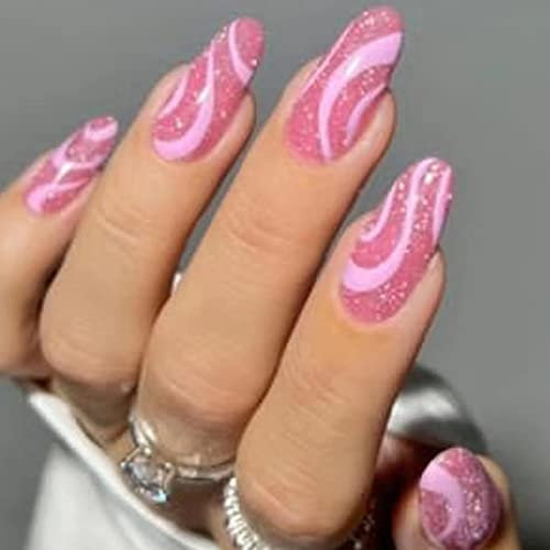 Ceboic 24 Stück Mandel Nägel Zum Aufkleben Mittel, Rosa Welle French Künstliche Nägel, Wiederverwendbare Ballerina Stiletto Glitzer Falsche Nägel Acryl Fingernägel Fake Nails für Frauen und Mädchen