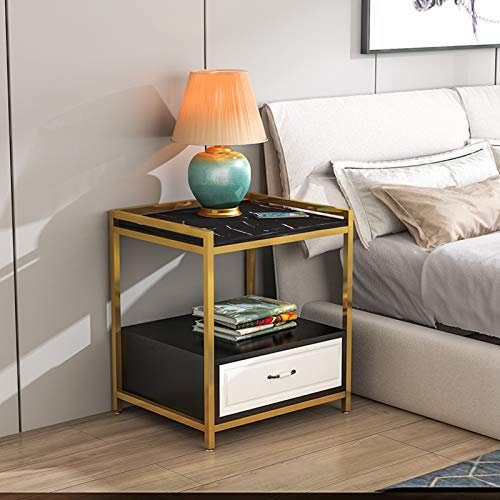 Metall-Beistelltisch mit Schublade, abnehmbarer quadratischer Beistelltisch, Tabletttisch, stabiler Couchtisch mit Metallrahmen, wasserdichter Snack-Tisch für Zuhause, Sofa, Gold, 40 x 40 x 52 cm