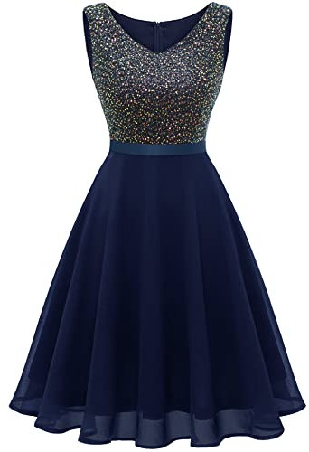Dressystar Damen Gliter Pailletten Cocktailkleid Knielang V Ausschnitt Abschlussball A-Linien Hochzeit Gast Kleid Marineblau M