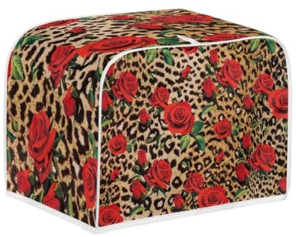 Jeiento Red Rose Toaster Cover 4 Slice Toaster Dust Cover Brown Leopard Print Oven Dustproof Cover for Kitchen Small Appliance,Gift for Women