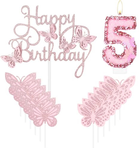 mciskin Happy 5th Birthday Candles,Butterfly Cake Decorations,Pink Number 5 Candle for Cake,Pink Cupcake Toppers Girls,Glitter Butterfly Topper for Girls' 5th Birthday Decorations