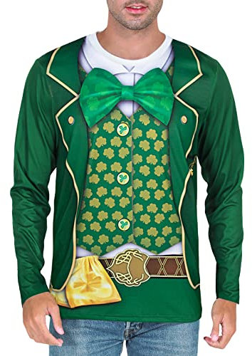 Funny World St. Patrick's Day Herren Kobold Kostüm Langarm T-Shirts, Grün , 3X-Groß