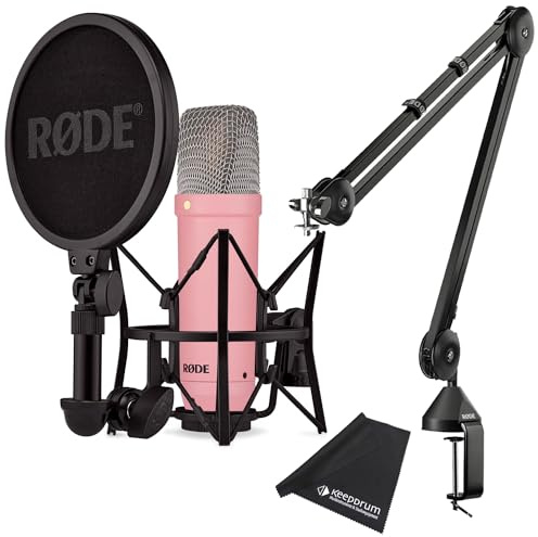 Rode NT1 Signature Pink Studio-Mikrofon Rosa + PSA1 Gelenkarm-Stativ Schwarz + keepdrum Mikrofasertuch