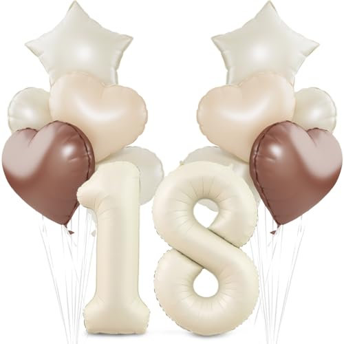 Beige Luftballon 18.Geburtstag,Cremeweiß 18. Geburtstag Ballon Deko,XXL 40 Zoll luftballon 18.，Beige Aprikose Braun Herz Stern Folienballons，für 18 Jahre Geburtstagsdeko Jubiläum Party Dekoration