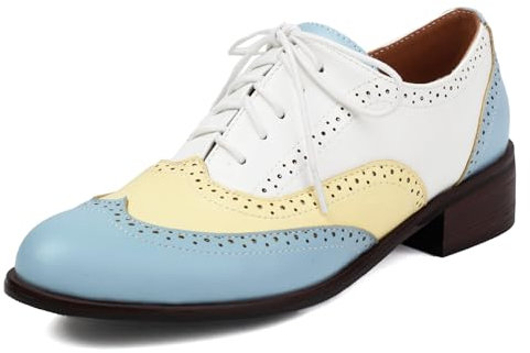 Roimaash Damens Brogues and Oxfords Unisex Schuhe Low Heel Wingtip Two Tone Saddle Schuhe Schnüren Leisure British Style Arbeit Schuhe Light Blue Plus Size 47