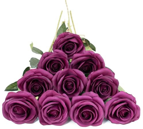 DuHouse 10er Set Künstliche Rosen aus Seidenstoff–54 cm Lange Stiele, Realistische Fake Blumen für Hochzeit, Brautstrauß, Party Tischdekoration & Haus Dekor(Pflaume)