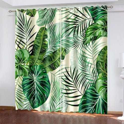 3D Drucken Gardinen Tropische Palmenblätter Wohnzimmer Vorhänge, Tropische Palmenblätter Vorhang Blickdicht Ösen Wärmeisolierend Gardine, Schlafzimmer Deko Curtain 2 Stücke 75 x 166 cm BxH q5832