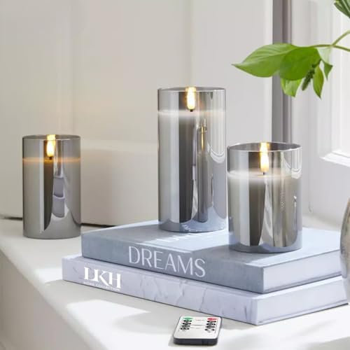 LKH Flickering Glass LED Candles Pack of 3 - Warm White Light Battery Operated Candles with Remote Control - Adjustable Brightness Flickering Flameless LED Candle Ideal for Home Decor & Gifts Giving