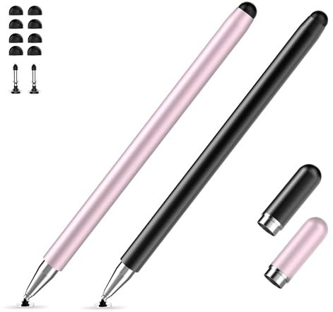 2er-Pack Tablet-Stift für alle Touchscreen-Tablets-kompatibel mit iPad, Android, Surface, Smartphone, 2-in-1-Präzisionsscheibenspitze und Silikonspitze, Kein Aufladen erforderlich, Schwarz + Roségold