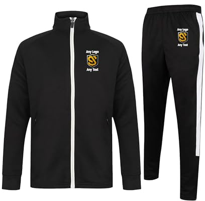 Custom Logo Tracksuit - Full Tracksuit - M - Black/White - Personalised Print Your Design, Football Club Teamwear Sports Team Apparel Uniform Branding - Adults