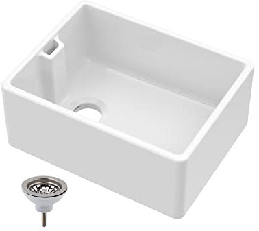 Balterley 595mm Belfast Kitchen Sink Single Bowl with Waste & Built-in Weir Overflow, Durable Belfast Fireclay White Ceramic Kitchen Sink Bowl, Reversible Farmhouse Sinks - 595 x 455 x 245mm (White)