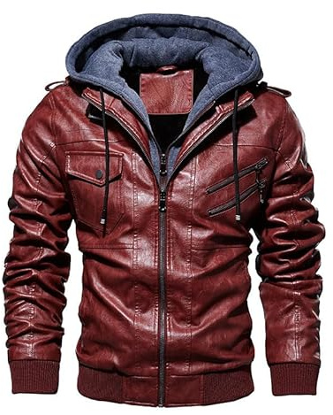 TINNYTT Veste en Cuir pour Homme, Moto Décontractée à Capuche, Automne et Hiver, Faux Deux Pièces, Rouge-4XL