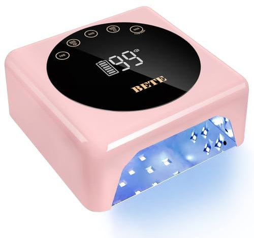 BETE Lampada per unghie a LED senza fili, UV ricaricabile da 78 W, con sensore a infrarossi e display LCD, asciuga unghie portatile con 5 impostazioni di timeout (Rosa)