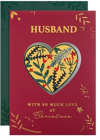 Hallmark Husband Christmas Card, Foliage & Bauble, Hanging Keepsake | Gold, Burgundy, 22.8cm X 15.9cm, Detachable Die-cut, Green Envelope, 1 Card