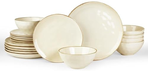 Richmount Dinner Sets for 6 People, Ocean Series, 18 Piece Plates and Bowls Set, Reactive Glaze Stoneware Dinner Set, Dishwasher&Microwave Safe, Durable Dinnerware/Dining Sets for Family Dining, Beige
