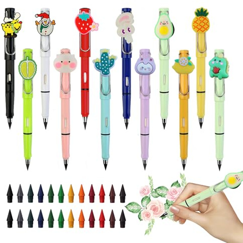 FainFun Unendlicher Bleistift, 12 Stück Ewiger Bleistift, Bleistifte Schwarz mit 24 Stück Ersatzmine, Dünn, Tintenloser Ewig Stift mit Radierer, für Kinder (MC)