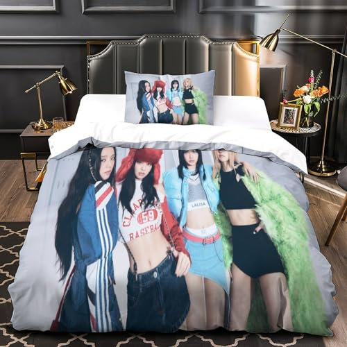 MJCZEGDCR Blackpink Betten Set Kinder 3D Bettbezug Set Gedruckt Bettwäsche Set Für Mikrofaser Kinder Jungen Mädchen Weich Haltbar Atmungsaktive Single(135x200cm)