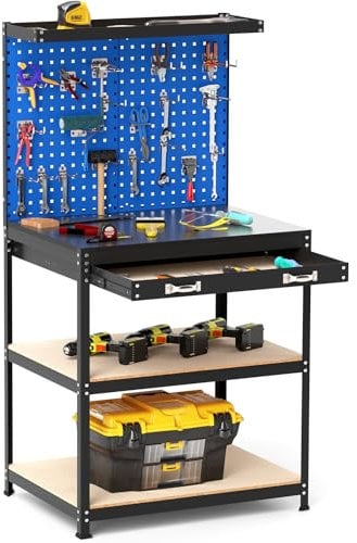 COSTWAY Banco da Lavoro con Piano da 80 x 40 cm, Banco da Lavoro Officina con Pannello Forato e 20 Ganci Porta Attrezzi, Tavolo da Lavoro per Garage con Cassetto e 2 Mensole (Blu)