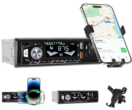 Hikity Autoradio 1 Din Bluetooth 5.0 avec Support Téléphone, Rotation 360° pour GPS, Radio Bluetooth 2 USB/Charge Rapide/USB/FM/TF/AUX/4 * 45W