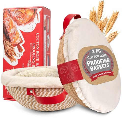 Banneton Proofing Basket, Sourdough Bread Proving Basket with Liner & Cover | 2 x 9 Round Cotton Rope Sourdough Starter Kit Baking Accessories, Artisan Baking Gifts for Women, Wife, Bakers