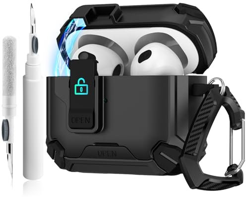 for AirPods 4 Case with Secure Lock Clip/Cleaning Kit and Keychain, Soft Cases, Armor Shockproof Case Apple Airpods 4, 4th Gen Protective Hard Shell for Men Women (Black)