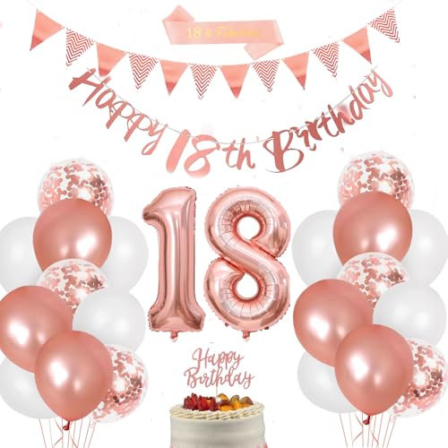 Decorazione per il 18° compleanno, in oro rosa, decorazione per il 18° compleanno, ragazza, palloncino con numero 18, palloncino oro rosa, striscione Happy Birthday, 18° compleanno, decorazione per