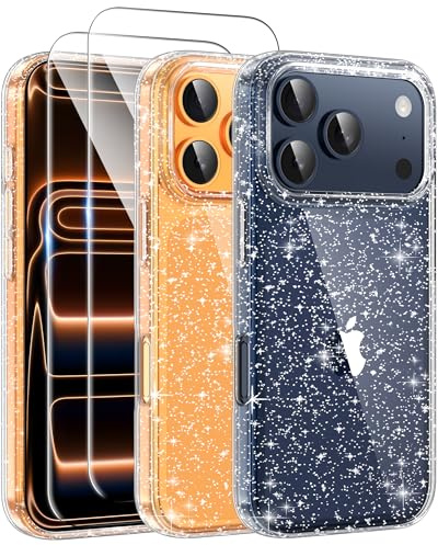 AROYI 3-in-1 Klar Glitzer Hülle für iPhone 17 Pro mit 2 HD Schutzfolien, Vergilbungsbeständig, Stoßfeste und Kratzfeste Schutzhülle, Dünne Weiche TPU Handyhülle für Frauen, Durchsichtig