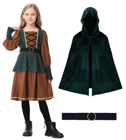Ezuwail Mädchen Mittelalter Kleidung, Kinder Wikinger Kleid, Faschingskostüme Kinder Mädchen, Burgfräulein Kinderkostüm Teenager Prinzessin Kleid für Halloween Karneval, 3Stk
