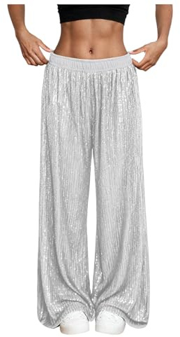 DACONGMING Glitzer Hose Damen Pailettenhose Metallic Glänzed Schlaghose Weites Bein Hose High Waist Elegant Lang Glitzerhosen Frauen Freizeithose Rave Outfit Disco Pants 70er Karneval Kostüm S-XXL