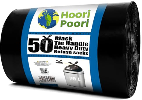 HooriPoori 70L litre 50 Tie Handle Bin Bags Heavy Duty Swing Bin Liners Black Plastic Refuse Sacks tie top handle large Waste Dustbin Bags for Kitchen Home Office DIY Garden From Recycled Material